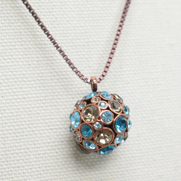 Fossil copper box chain necklace w/ sparkly blue rhinestone ball cluster pendant - Picture 1 of 5